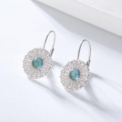 European Hot New Women Round Flower Zircon 925 Sterling Silver Hook Earrings Blue Stone Pendant Ear Clip Silver S925 Earring