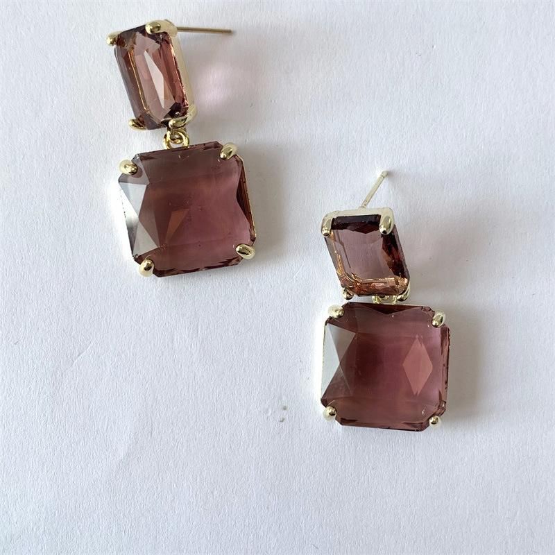 Manufacture Best Selling Retro Palace Statement Square Gemstone Big Drop Earrings in 18K Gold Plated Geometric Earrings with Violet Emerald Color