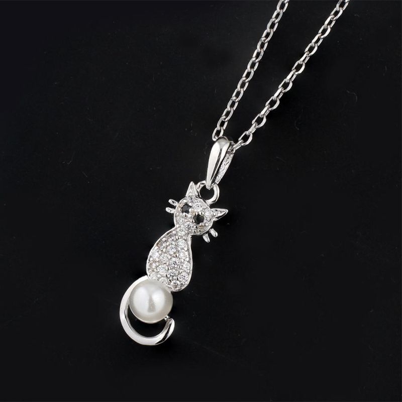 Cute Cat 925 Sterling Silver Pearl Pendant