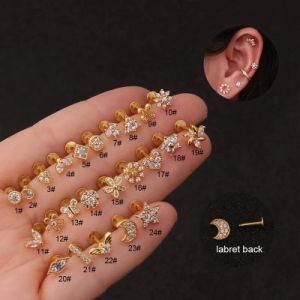 Wholesale New Style Flat Labret Piercing Cubic Zirconia Tragus Flat Crystal CZ Cartilage Helix Rook Ear Jewelry