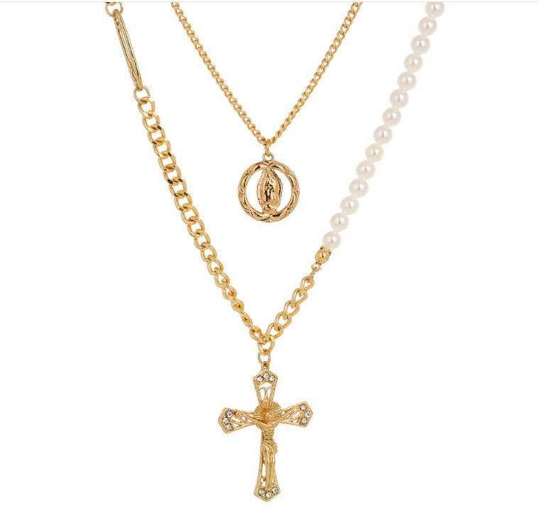 Personality Cross Portrait Pendant Double Cascade Wear Necklace Spliced Pearl Choker