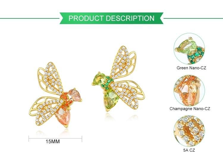 Wholesale High Quality Real Gold Plated CZ Earrings Trendy Women Hypoallergenic 925 Sterling Silver Bee Stud Earrings