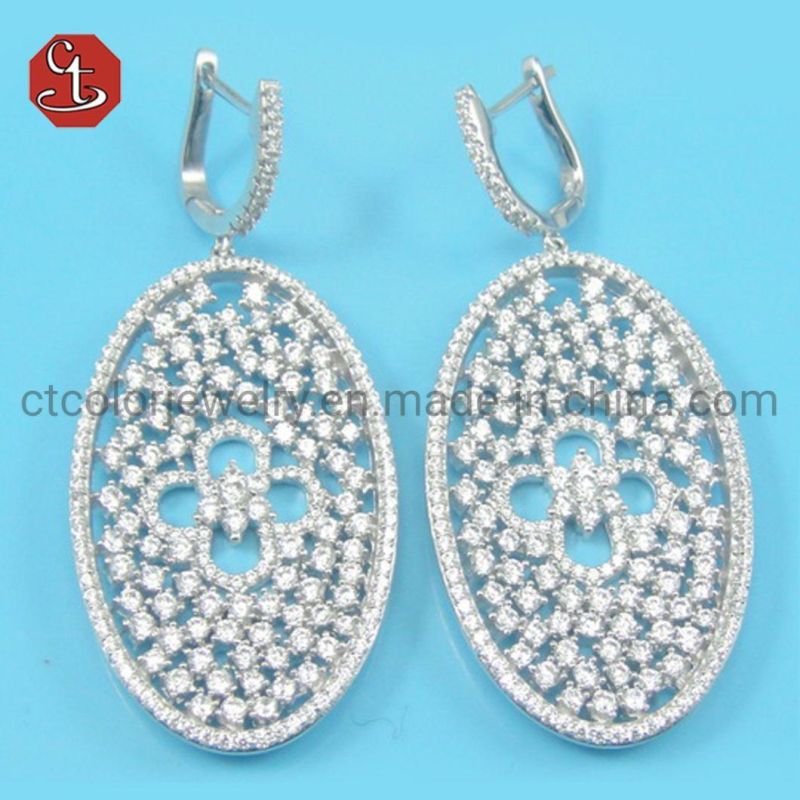 Hot Sale Rhodium Plated 925 Sterling Silver Fine Jewelry Drop Chanel Set Micro Pave CZ Dangle Earrings