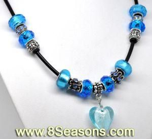 Handmade Lobster Clasp Real Leather Heart Blue Charm Necklace Fit European Charm 55cm (B10938)