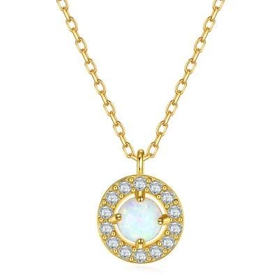 925 Silver Jewelry Opal Stone Circle Zircon Pendant Clavicle Chain Necklace for Women Wedding Fashion Jewelry