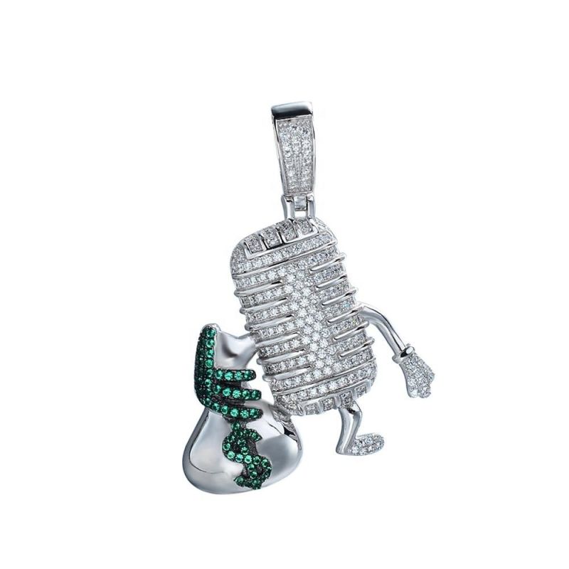 Hip Hop Color Stone Microphone White Gold Iced out Pendant