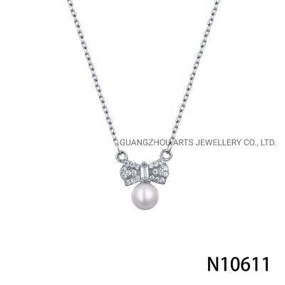 Bowknot with Lab Creative Pearl Silver Necklace