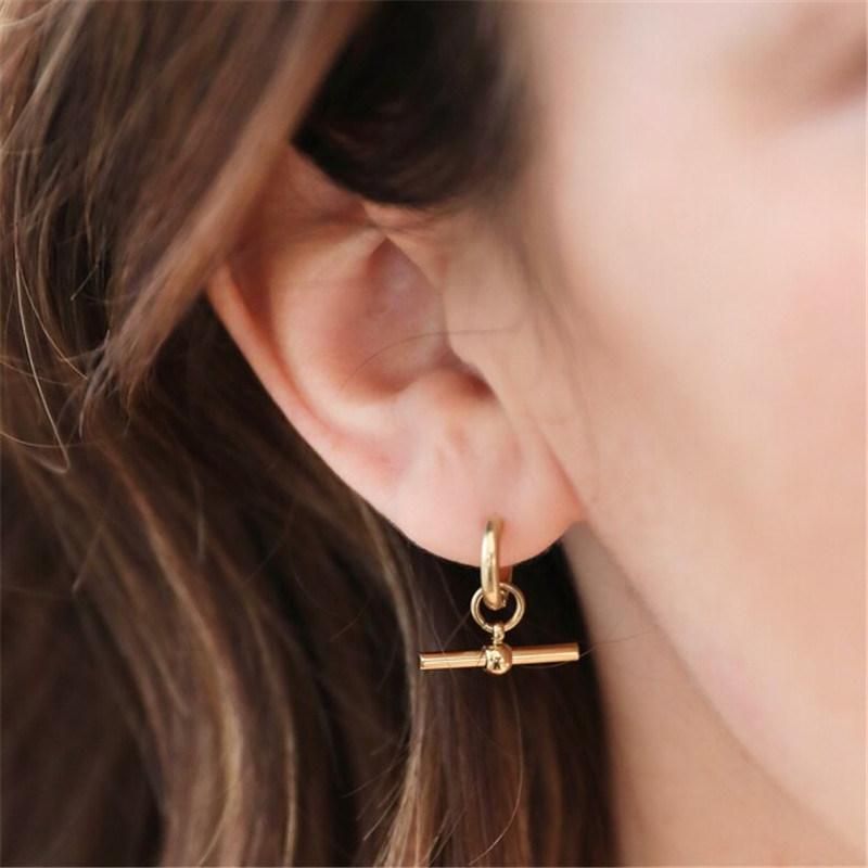 Geometric Stainless Steel T-Bar Huggie Hoop Earrings in 18K Gold Plated