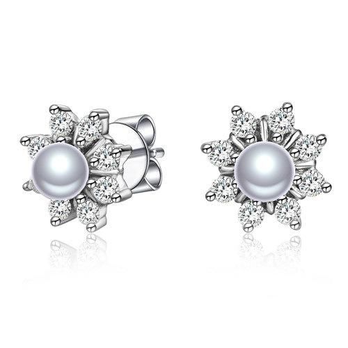 Simple CZ 925 Sterling Silver Marquise Stone Pearl Stud Earring