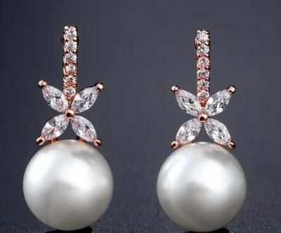 Rose Gold Pearl Earring, Bridal CZ Earring, Wedding CZ Earring Jewelry
