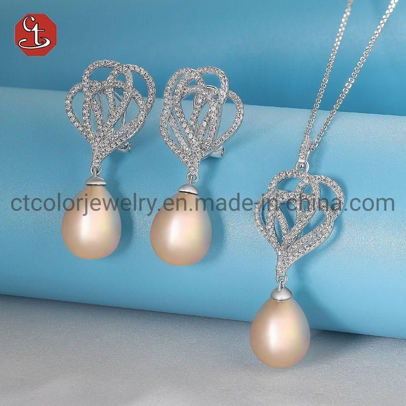 Fashion 925 silver wholesale factory price high quality earring and necklace shell pearl jewelry set for elegant women