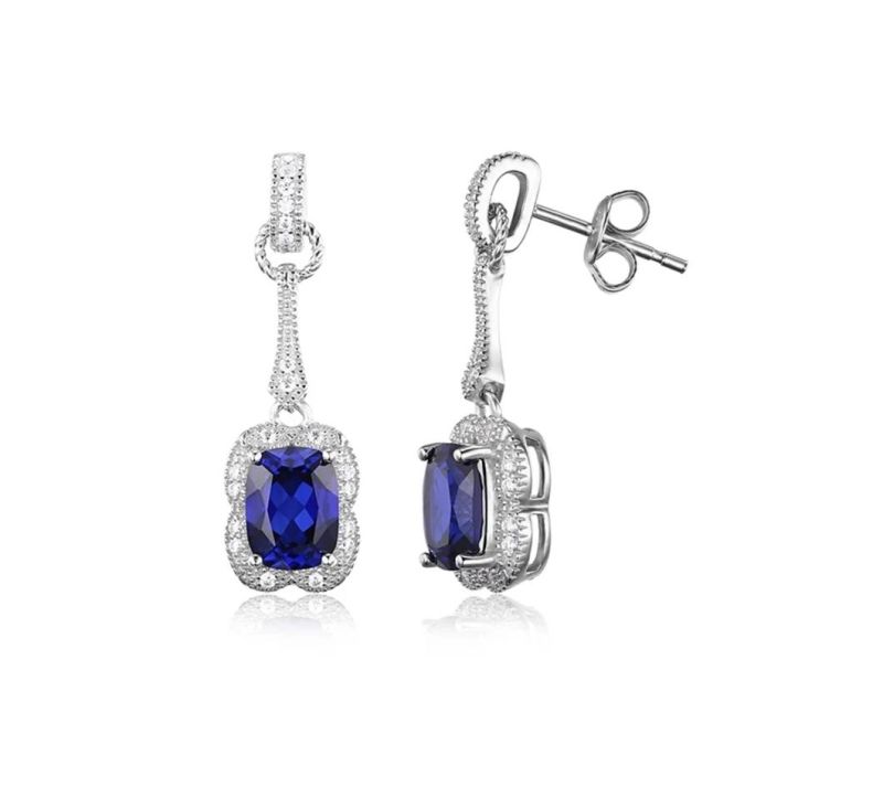 Created Blue Sapphire Drop Dangle Earrings Elegant Rectangle 925 Sterling Silver Jewelry