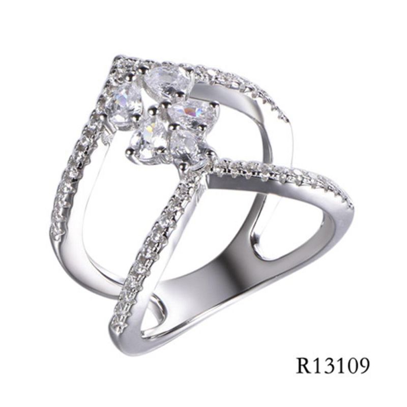High Quality Silver with Teardrop CZ Double Lines Ring