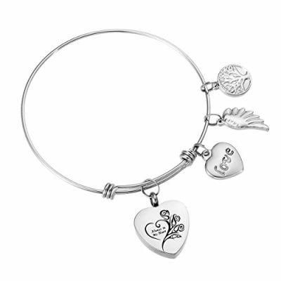 Heart Urn Cremation Charm Bracelet Bangle with Custom Charm