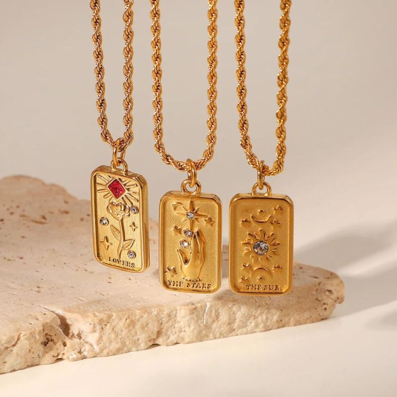 Factory Customized Fashion Hand Carved Zircon Gold-Plated Stainless Steel Rectangular Pendant Simple Necklace Jewelry