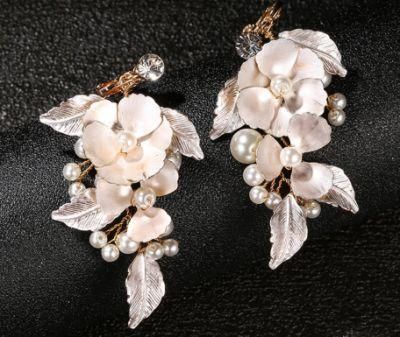 Gold Peal Leaf Flower Crystal Earring for Brides. Bridal Wedding Ceramic Flower Crystal Earrings