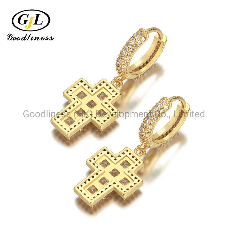 Wholesale Hip Hop Square Zirconia Micropanling Cross Eardrop Earring