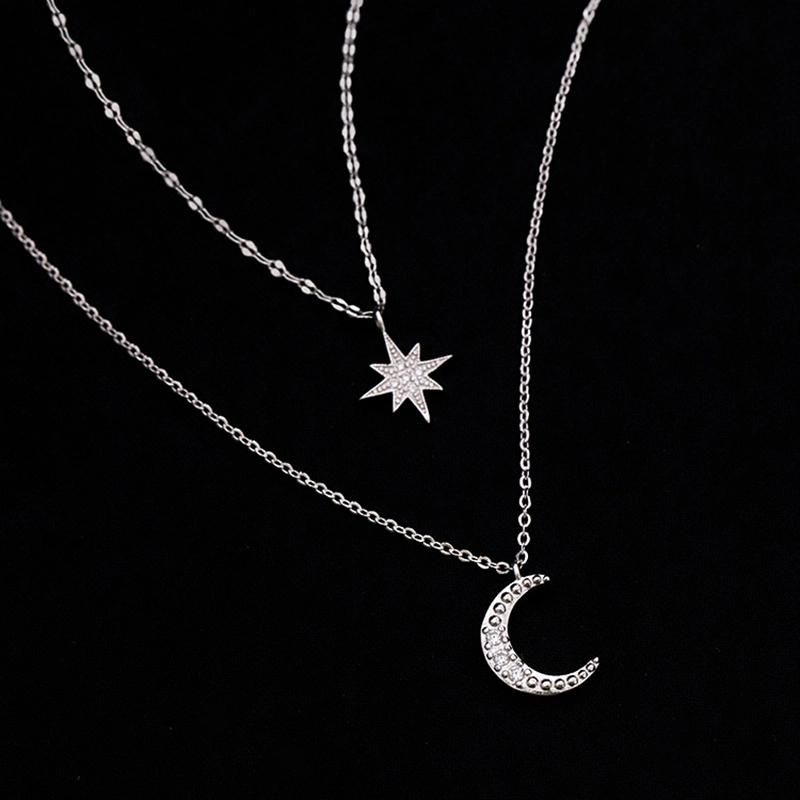 Fashion Silver Color Star Moon Double Necklace Women′s Clavicle Chain Fashion Jewelry