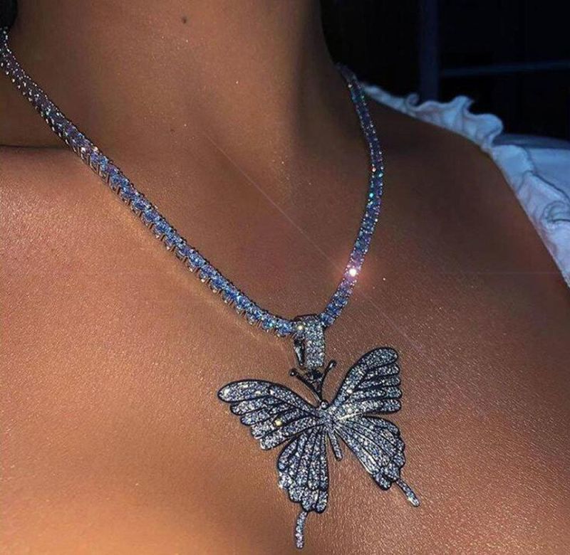 Rhinestone Choker Jewelry Diamond Butterfly Charm Tennis Necklace Women