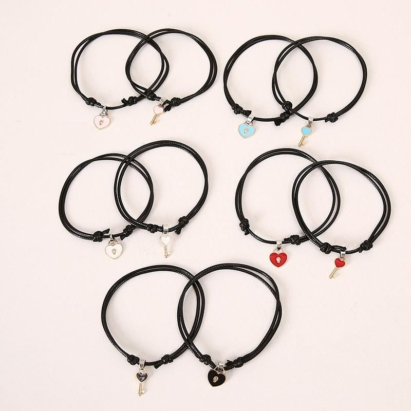 Key Lock Couple Bracelet Leather Double Layer Black Adjustable Minimalism Personality Bracelet