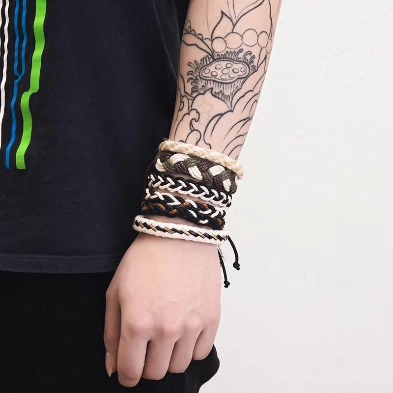 Leather Braided Bracelets for Men Wrap Wood Beads Bracelet Woven Ethnic Tribal Rope Wristbands Bracelets Set Adjustable