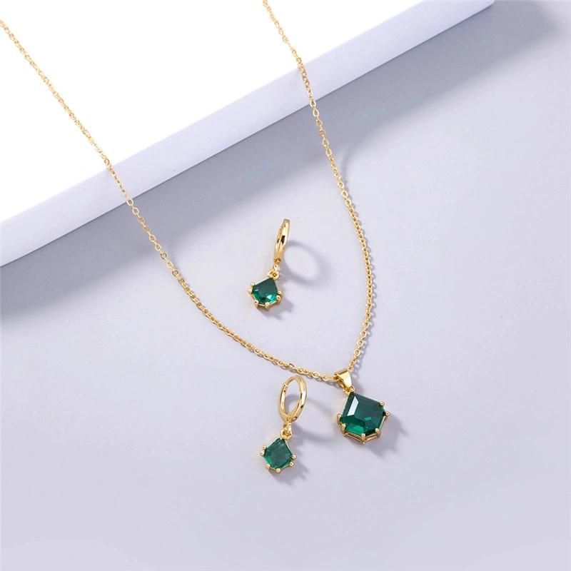 Hot Sell New Polygon Green Glass Pendant Necklace and Earring Set Jewelry for Women in 18K Gold Plated Irregular Shape Fashion Accessores Bijoux
