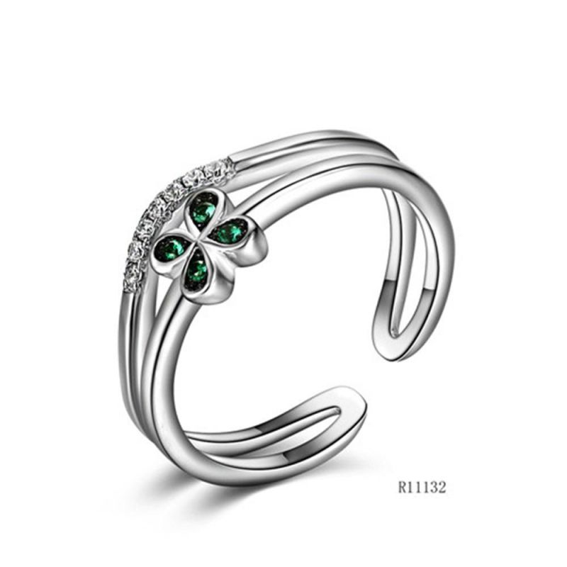 Double-Layer Four-Leaf Clover Silver with CZ Flower Open Ring