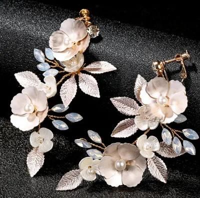 Wedding Bridal Crystal Leaf Earrings. Silver Crystal Ceramic Flower Earrings
