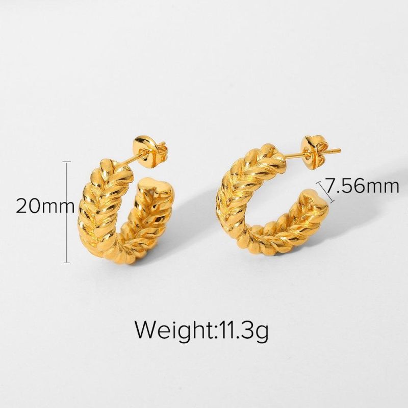 Gold Plated Stainless Steel C Stud Earrings with Ear of Wheat Pattern in Double Sides Hoop Earrings