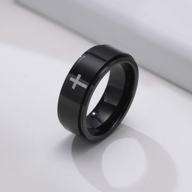 Stainless Steel Laser Corrosion Cross Turnable Rings Spinner Rings for Men Rotating Finger Jewelry Wholesale SSR2589