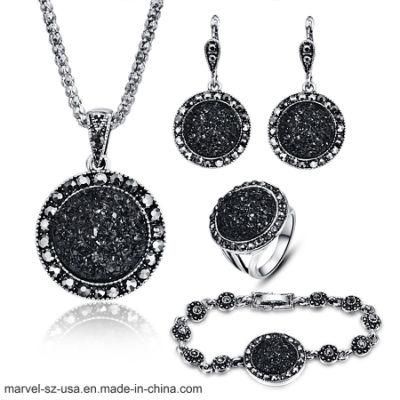 Vintage Black Round Stone Pendant Necklace Women Jewelry Set