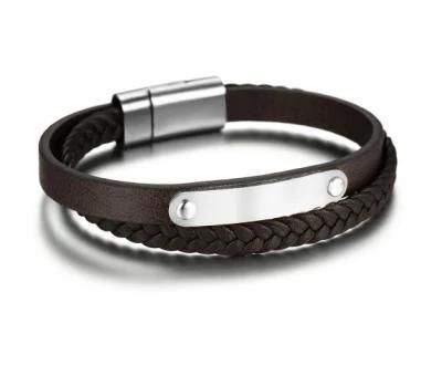 Men&prime; S Leather Bracelet Fashion Jewelry Stainless Steel Multi-Layer Bracelet Brown Leather Woven Bracelet