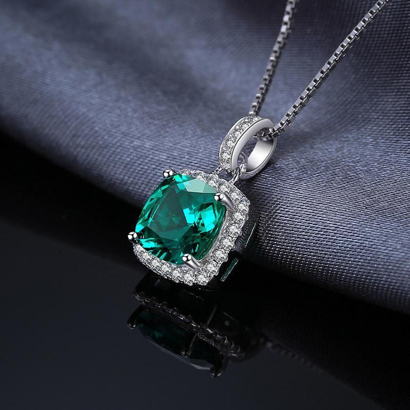 Classic Cushion Nano Russian Simulated Emerald Pendant Necklace 18 Inches 925 Sterling Silver Jewelry