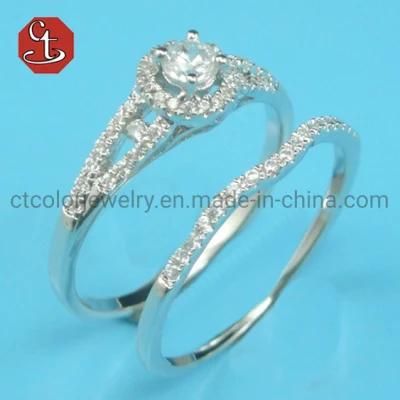 Rhodium 2PCS Bridal Ring Sets Romantic Proposal Wedding Rings Foe Women Trendy Round Stone Setting Wholesale