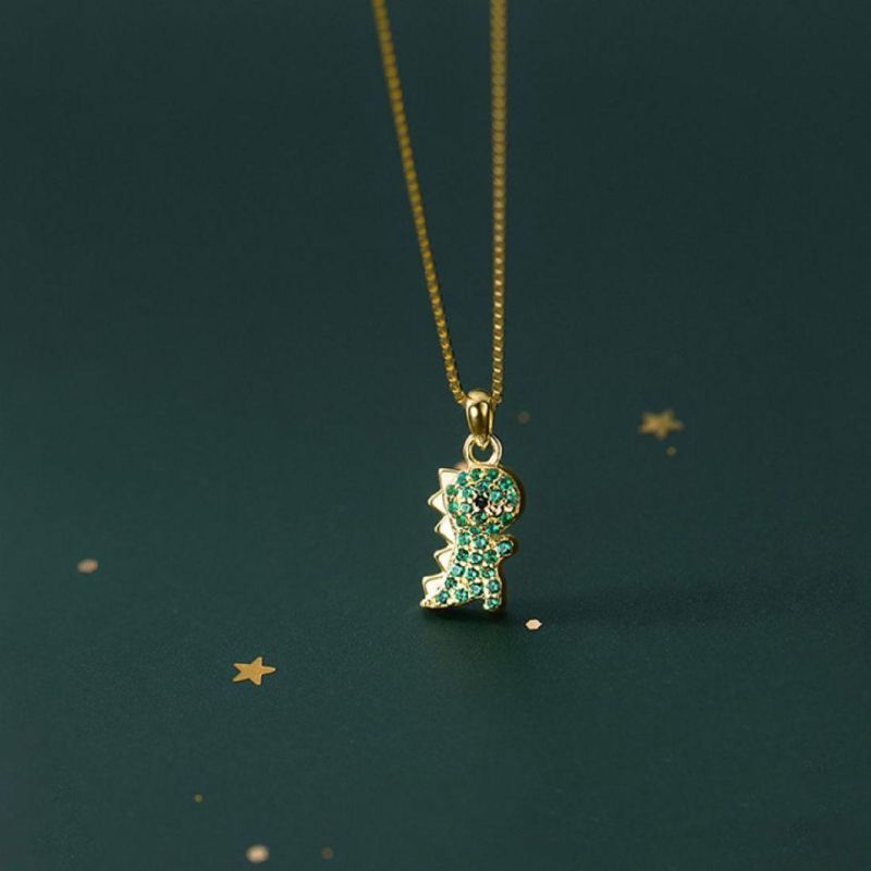 925 Sterling Silver Cute Dinosaur Green Zircon Pendant Clavicle Chain Necklace Women Girls Fashion Jewelry