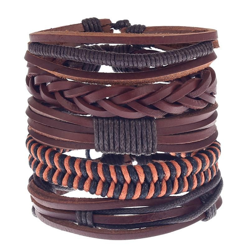 Men′s Leather Braided Bracelets Wrap Wood Beads Bracelet Woven Ethnic Tribal Rope Wristbands Bracelets Set Adjustable