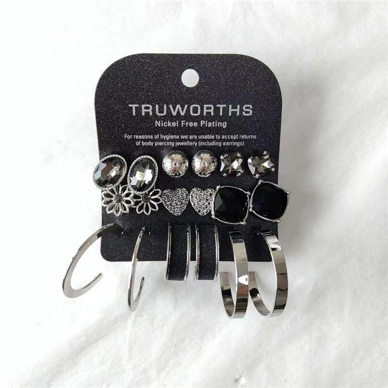 Repeat Style Fashion Gunmetal Hematite Plated Mulitple Earrings with Oval Square Round Heart Flower Stud and Smooth Flat Iron Hoop Glitter Paper Hoop Ears