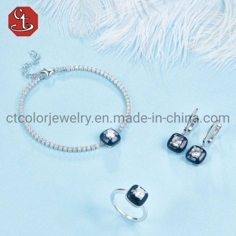 High Quality 925 Silver Sterling Fashion Jewelry Black Enamel white AAA Stone Bracelet