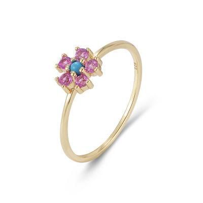 Trendy Cute 925 Sterling Silver Gold Plated Turquoise Flower Ring