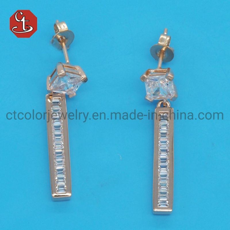 Women Popular Baguette TP CZ Stone SQ Long Brass & Silver Jewelry Earring 