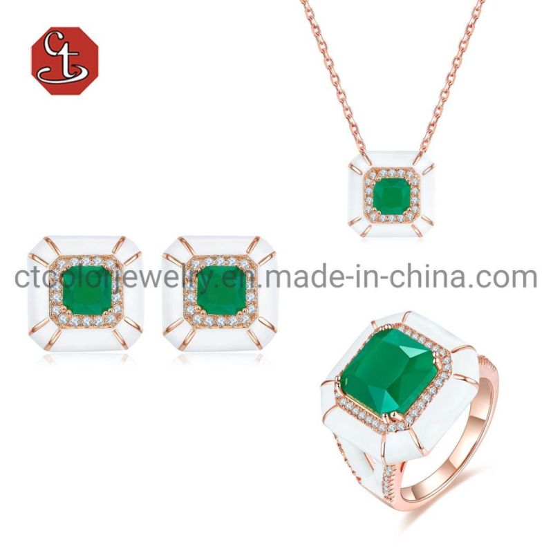 Green Stone Silver or Brass Necklace with White Enamel Fashion Enamel Pendants Necklaces