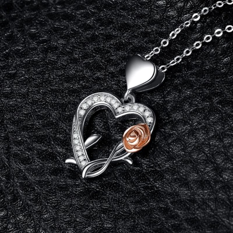 Silver Rose and Heart Pendant/Necklace as Gift for Mother′s Day/Girlfriend