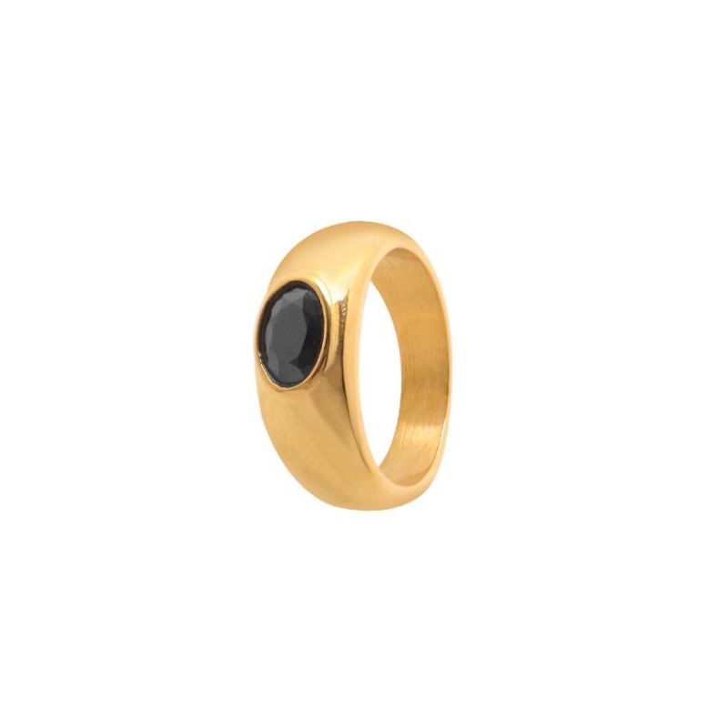 Jeweler′s Brown Round Black Stone Stylized Stainless Steel Gold Plated Ring Gold Plated Gem Ring