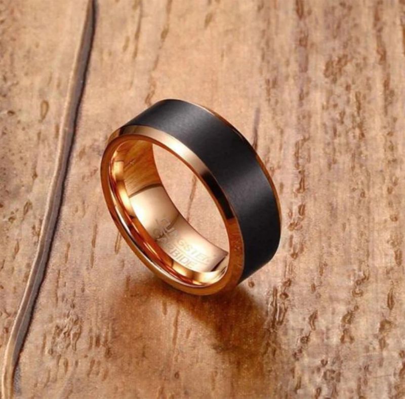 Factory Wholesale Tungsten Gold Ring 8mm Tungsten Steel Ring Black + Rose Gold Men′s Jewelry Ring Tst8253