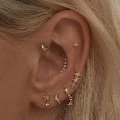 Shiny Gold Mini Crystal Cubic Zircon Ear Cuff Moon Star Earring Set in 18K Gold Sterling Silver for Women Lady Fashion Accessories