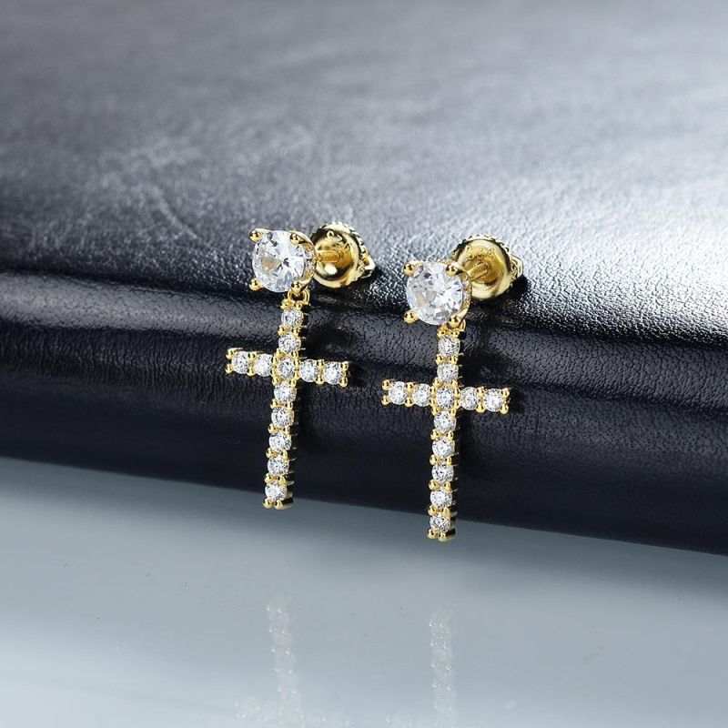 Big Mens 18K Gold Cubic Zirconia Cross Dangle Long Earrings