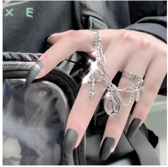 Disco Chain Combination Ring Punk Fan Open Cross Conjoined Black Tie Ring Index Finger Ring for Women Party Gift Dropshipping Wholesale
