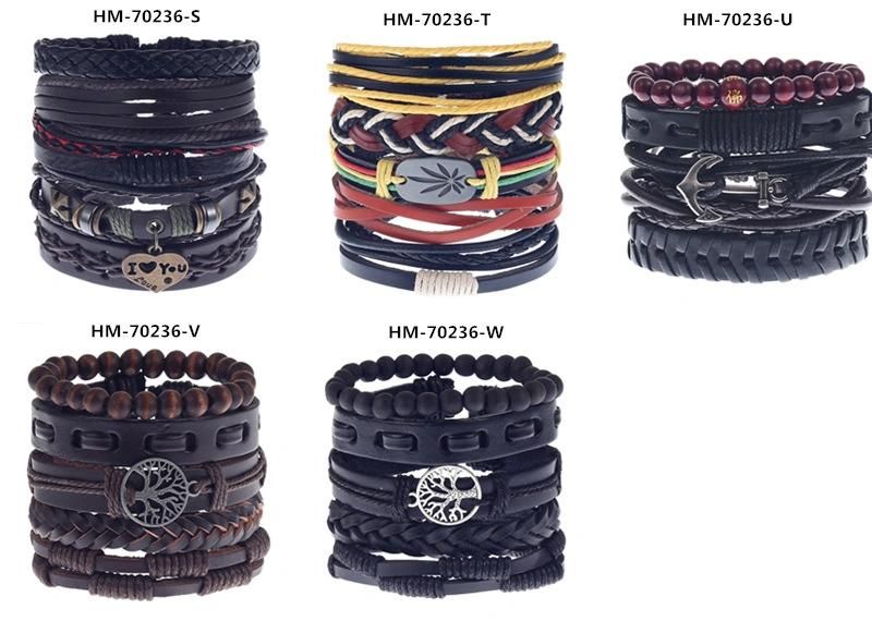 5 Piece Leather Cuff Bracelet for Men and Women Punk Rock Braided Bracelet Via Brown Black Wristband Handmade Jewelry