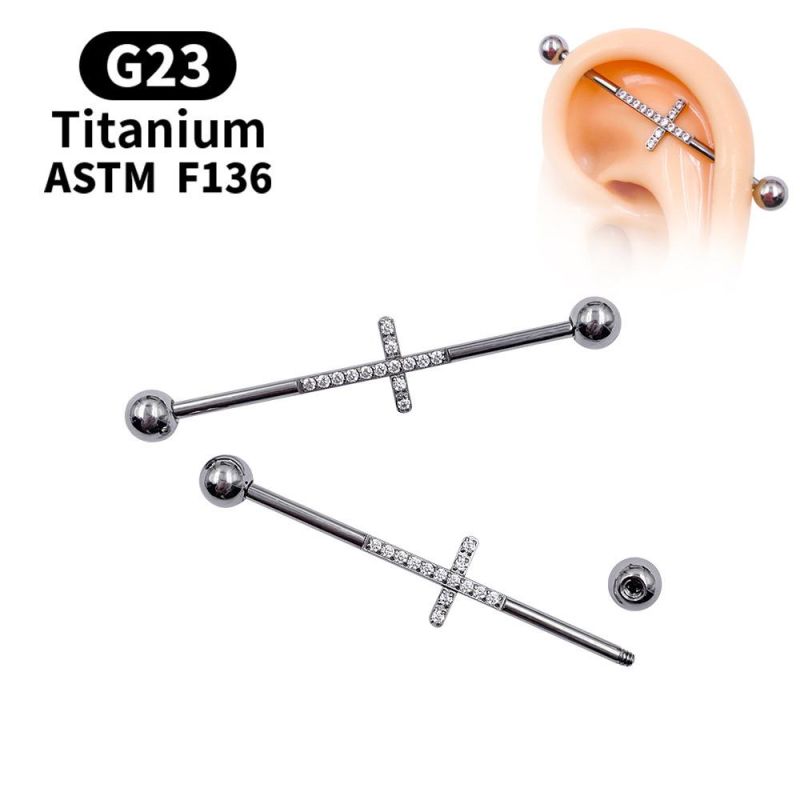 New G23 Titanium Body Piercing Jewelry Zircon Inlaid Men′s and Women′s Fashion Cross Industrial Barbell
