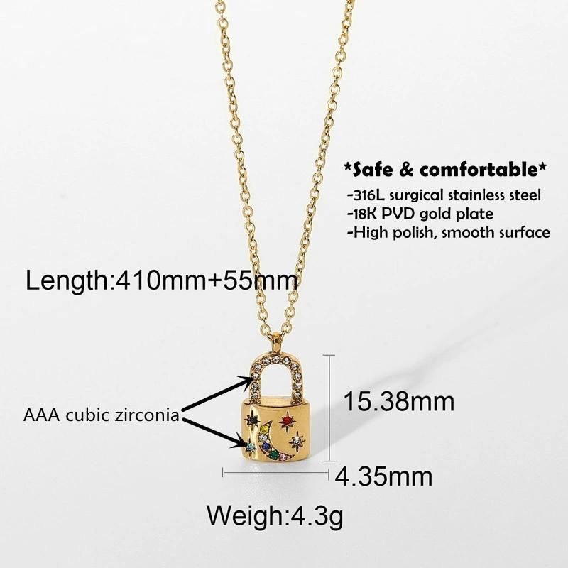 Stainless Steel Lock Necklace Inlaid CZ for Women Pendant Necklaces Fashion Jewelry